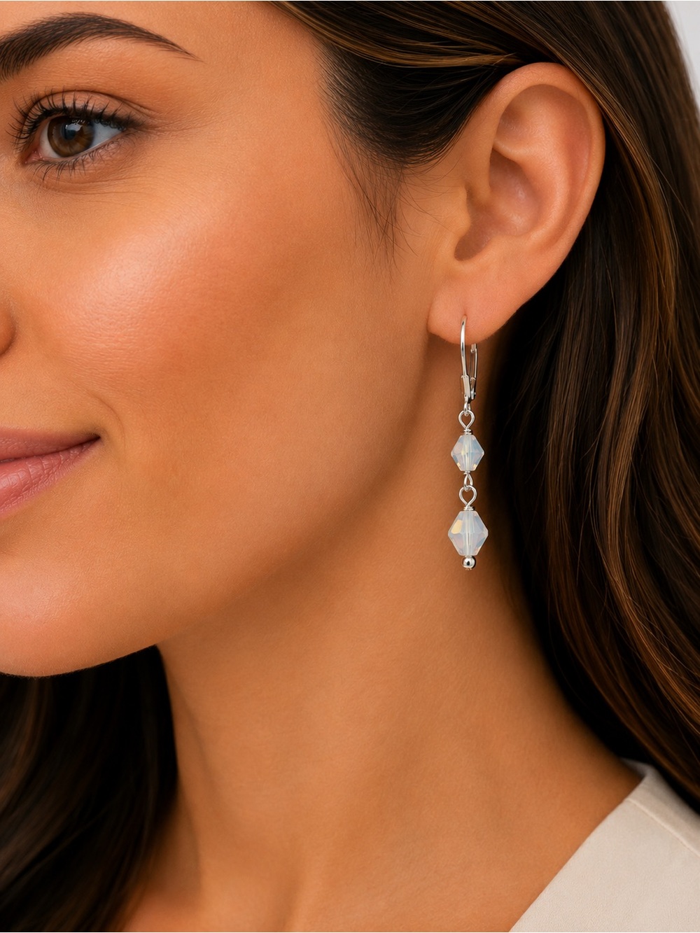 Handmade Swarovski White Opal Crystal Dangle Earrings Silver French Backs - Picture 2 of 5